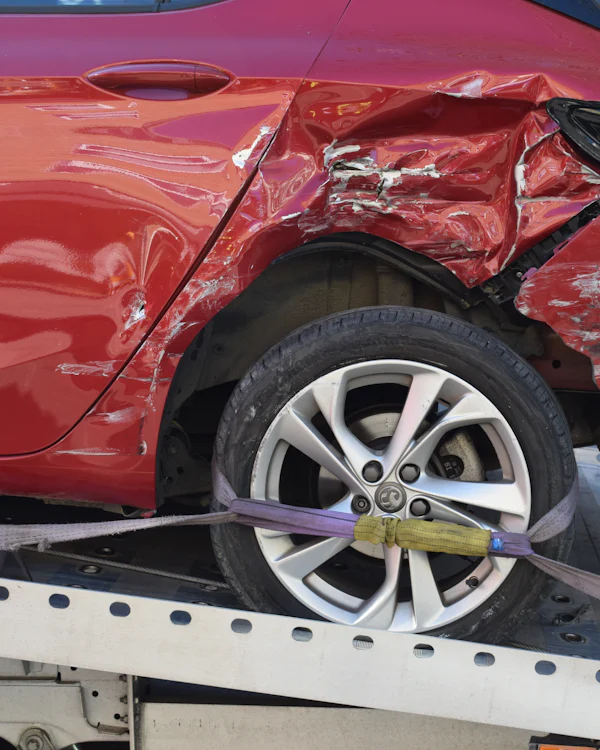 Accident-damaged red car strapped onto a flatbed for doorstep scrap pickup